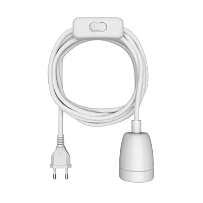 Imagen de ledscom.de cable textil LEHA II, enchufe, interruptor, blanco, 3 m, casquillo de porcelana, 1x E27 máx. 300W, Led, Diy, lámpara, E27, textil, lámpara colgante, enchufe