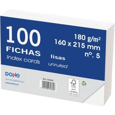 Imagen de Dohe 30369 Pack de 100 fichas lisas cartulina blanca, 180 g, lisas, nº 5, 160 x 215 mm
