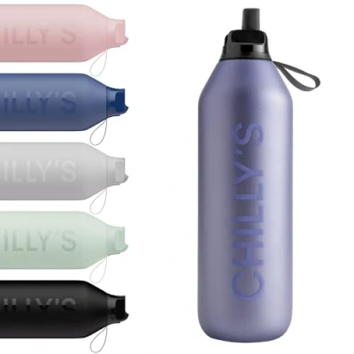 Imagen de Chilly&#039;s Serie 2 Flip Botella con Tapa deportiva, pajita telescópica y anillo de transporte nailon abre fácil, cepillo limpieza para incluido 1000ml Lavender