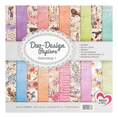 Imagen de Ideen mit Herz papel de diseño Duo, 20 hojas para manualidades, 25 x cm, 250 g/m², impreso por ambos lados, ideal álbumes recortes (cumpleaños 01)