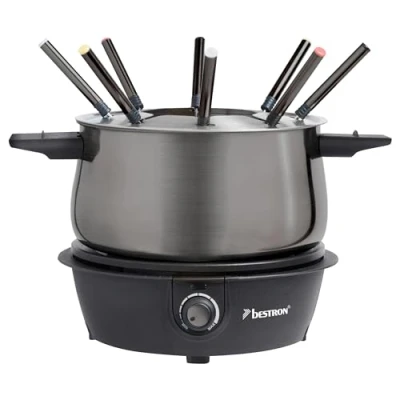 Imagen de Bestron Fondue, fondue electrica para hasta 8 personas, con tenedores de y termostato continuo, incl. protector contra salpicaduras, color: Gris