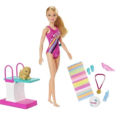 Imagen de Barbie Muñeca Nada y bucea, trampolín Perrito de Juguete, Regalo para niñas 3 a 7 años (Mattel GHK23)