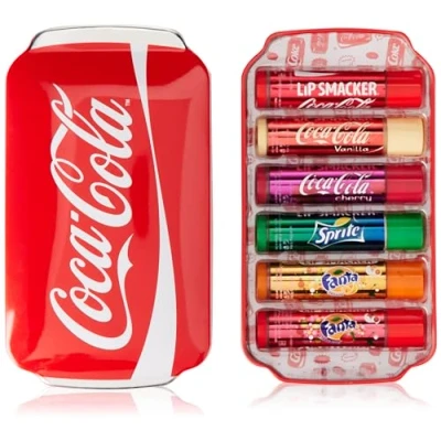 Imagen de Lip Smacker Coca Cola Tin Collection, Set de 6 Bálsamos Labiales Surtidos con Sabores Auténticos Cola, Fanta y Sprite