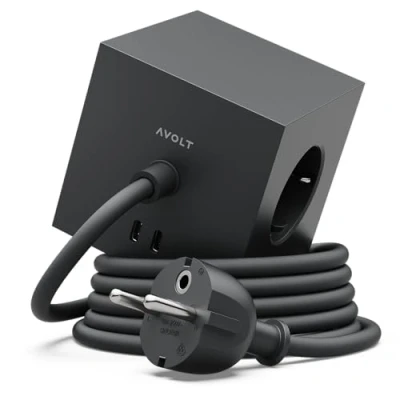 Imagen de Avolt Multiprise Cube USB C Las primeras multitomas de diseño del Mundo 3 enchufes eléctricos y 2 Puertos Pie magnético adherente Casi en Cualquier Lugar (Negro, 1.8)