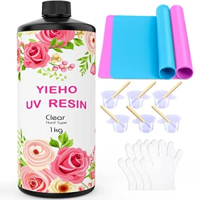 Imagen de YIEHO 1000g Resina UV Mejorada Cristalina Dura de Curado Rápido Epoxi Suministros con Esterilla para la Fabricación Joyería Artesanal 1KG