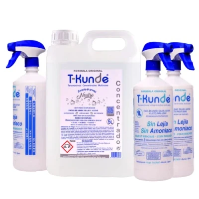 Imagen de T Kunde Bidón 5 Litros Concentrado Aroma Neutro + 3 Botellas pulverizadoras Detergente y Multiusos Limpieza: Uso Profesional Doméstico Equivale a 75 de Disolución
