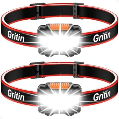 Imagen de Gritin Linterna Frontal LED, [2 Pack] Cabeza COB Super Brillante con 3 Modos, Ligera y Impermeable para Correr, Acampar, Pescar, Ciclismo