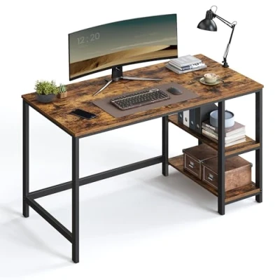 Imagen de VASAGLE Escritorio, Escritorio con 2 Estantes a la Izquierda o Derecha, Mesa de Trabajo, para Salón Oficina, Estructura Acero, Industrial, Marrón Rústico y Negro Tinta LWD47X