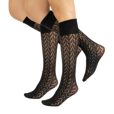 Imagen de CALZITALY PACK 1/2 Pares Medias hasta la rodilla invernales, Calcetines de algodón, Calcetería Italiana (2 X Chevron Negro, Talla Unica)