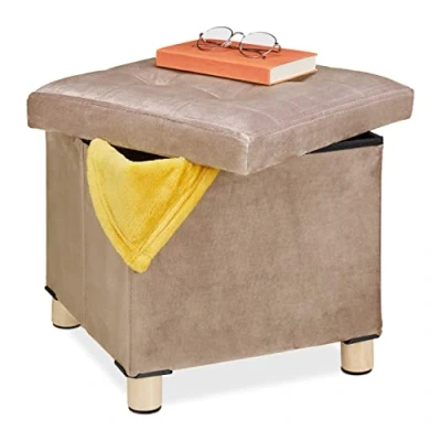 Imagen de Relaxdays Taburete de Terciopelo, Tapa con Bandeja, Patas Madera, Reposapiés Cuadrado, 35x38x38 cm, Crema, 35 x 38 cm