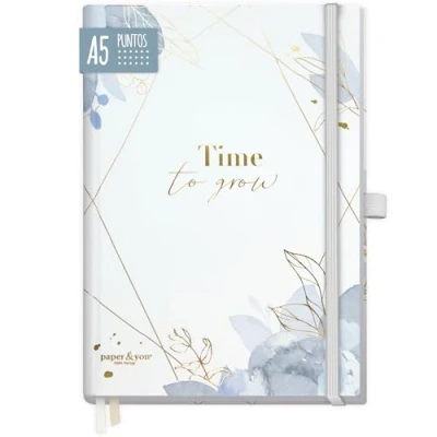 Imagen de paper&amp;you® Premium Bullet Journal punteado [Time to Grow] Cuaderno A5 188 páginas de papel grueso diario con banda elástica, soporte para bolígrafo sostenible y climáticamente neutro