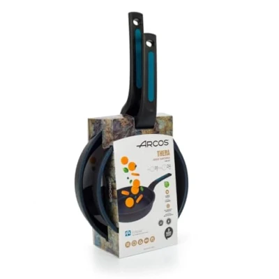 Imagen de Arcos Serie Thera Lote de Sartenes 20 y 24 cm Aluminio Fundido Apta cualquier cocina Asas Silicona Sistema ahorro energético lavavajillas Color Negro Azul