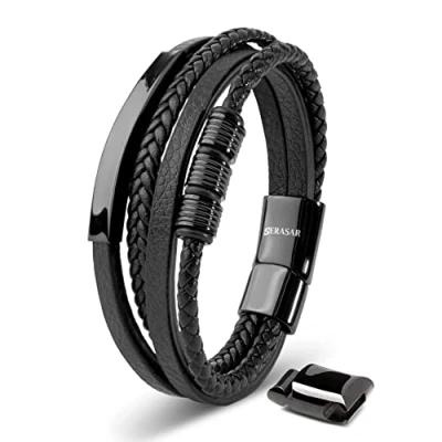 Imagen de SERASAR Pulsera Hombre Cuero Cierre Magnético Acero Inoxidable Brillar de Vaca Genuino Pulseras Estilo Trenzado Caja Regalo Joyería Incluida Accesorios Moda Para Hombre, 20cm,