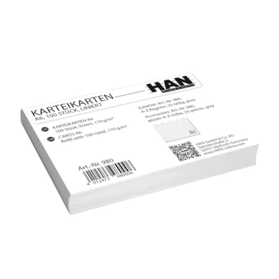 Imagen de HAN Tarjetas de cartón DIN A6 horizontal, 170 g/m², para cajas aprendizaje, a rayas, aprender, vocabulario, notas, escuela, oficina, universidad, blanco, 980