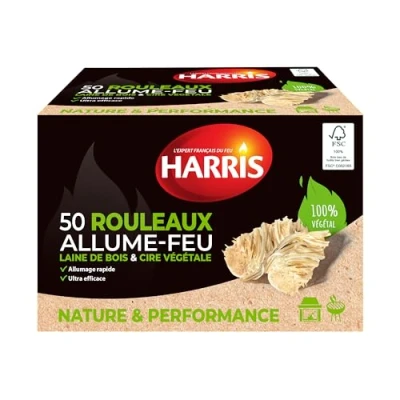 Imagen de HARRIS 50 Rollos de Encendedor 100% Naturales Lana Madera y Cera Encendido rápido Ultra eficaz Funda cartón con Cierre FSC Fabricación Francesa