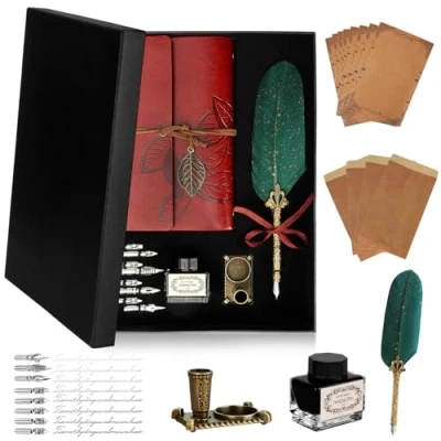 Imagen de KIMIGO Juego de Tinta Pluma,Juego Caligrafía con soporte para pluma,cuaderno cuero,tinta,8 puntas repuesto,soporte pluma,papel cartas y sobres,set escritura ideas
