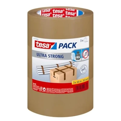 Imagen de Tesa Tesapack Cinta Adhesiva para Embalar, Sellar y Empaquetar, Resistente al envejecimiento desgarro, Extra fuerte sin disolventes, Marrón, 3 x 66 m 50 mm, Marrón