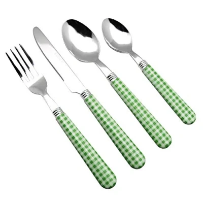 Imagen de EXZACT Cuberterías 24 Piezas Patrón a Cuadros/Gingham Cubiertos Acero Inoxidable con manecillas de Color 6 x Tenedores, Cuchillos, Cucharas, Cucharaditas (24 Verde)
