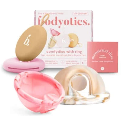 Imagen de Bodyotics Discos Menstruales Reutilizables Más Suaves que las Copa Menstrual Paquete de 2 Tallas S y L Set con 12 horas uso (Rosa Beige)