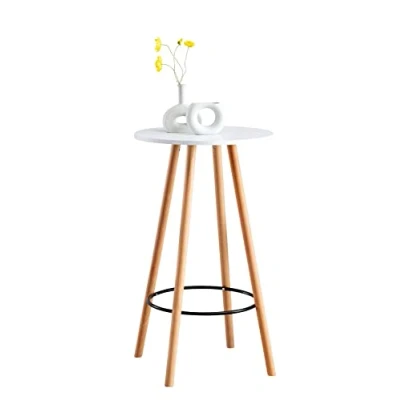 Imagen de CLP Mesa para Salón Mijas Redonda con Base De Madera I Alta Bar Look Escandinavo Mesilla Decorativa, Color:Blanco, Color del Marco:Natura (Redondo)