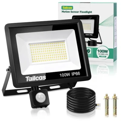 Imagen de Tailcas 100W Focos Led Exterior con Sensor Movimiento, 9000LM Super Brillante Foco Exterior, IP66 Impermeable Proyector, 6500K Iluminación de Seguridad para Jardín, Patio, Garaje