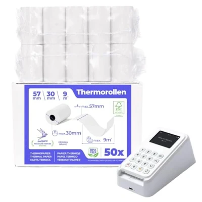 Imagen de SWIPARO Rollos papel térmico 57x30x12 mm para todos los TPV y las impresora térmica Rollo 57mm ideal máquinas de tarjetas Crédito (50 rollos)