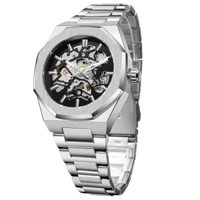 Imagen de FORSINING Reloj automático mecánico para hombre, octogonal, resistente al agua, moderno y único, correa plateada de acero inoxidable, plata, Pulsera