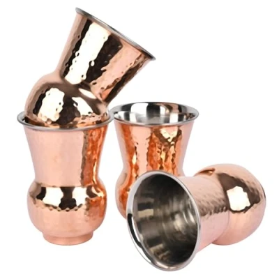 Imagen de Zap Impex Copper y acero inoxidable accesorios para vasos Mughalai, juego de 4 cristal 400 ml capacidad servir el hogar la cocina