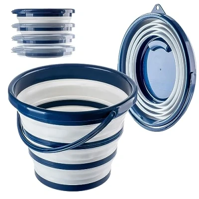Imagen de KADAX cubo plegable de silicona, plástico 10 L, compacto y plegable, agua para ahorrar espacio con cómodo asa (10 azul oscuro blanco)