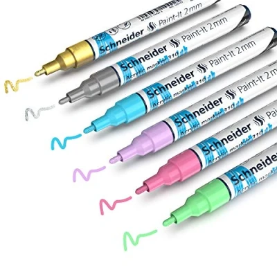 Imagen de Schneider Paint It Lápices acrílicos (juego de 3 con punta redonda 2 mm, pinturas acrílicas alta cobertura para madera, lienzo, piedra, etc.), 6 unidades, varios colores y mm ancho trazo