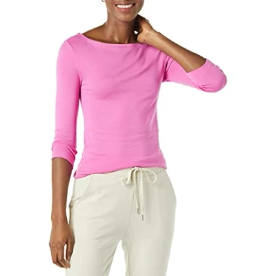 Imagen de Amazon Essentials Camiseta Lisa y Entallada de Manga 3/4 con Escote Barco Mujer, Rosa Brillante, XS
