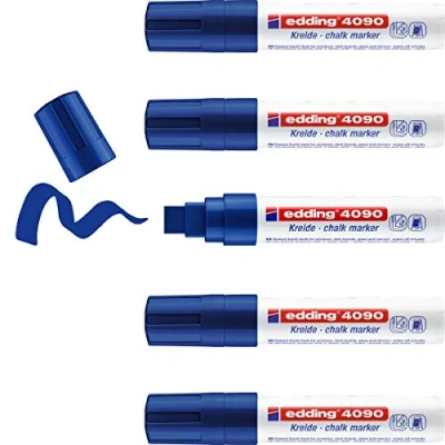 Imagen de edding 4090 marcador de tiza azul 5 rotuladores punta biselada 4 15 mm para cristal borrables pizarras, vidrio y espejos líquida cobertura opaca
