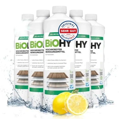 Imagen de BiOHY Detergente robot de limpieza (6 botellas 1 litro) Limpiador para los suelos madera parquet y laminado Concentrado con fragancia fresca brillo sin rayas vegano (Wischroboter Holz)