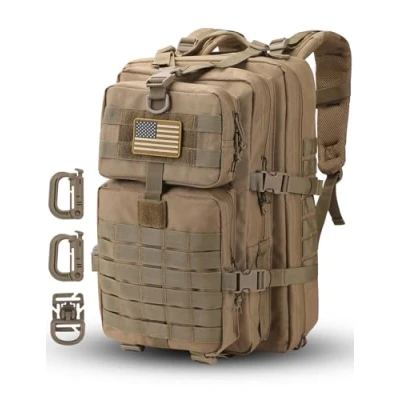 Imagen de Mochila táctica Militar Hannibal de 36 litros, Asalto Molle, Paquete 3 días con Bandera Estados Unidos, Anillos en D, Coyote