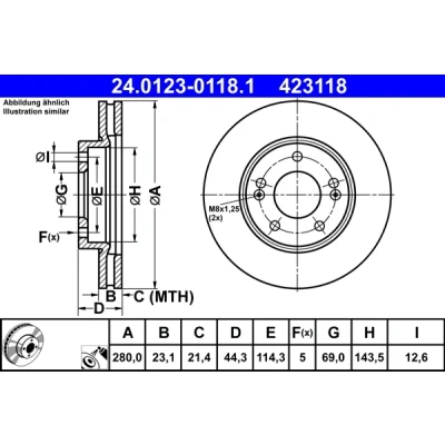 Imagen de ATE 24.0123 0118.1 Disco de freno 280,0 23,1 5 114,3 ventilado revestido aleado/alt. carburado KIA: cee‘d II Hatchback, Sportswagon