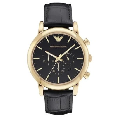 Imagen de Emporio Armani Reloj Hombre, Movimiento cronógrafo de cuarzo, 46mm Caja acero inoxidable dorado con correa piel, AR1917, Negro y tono