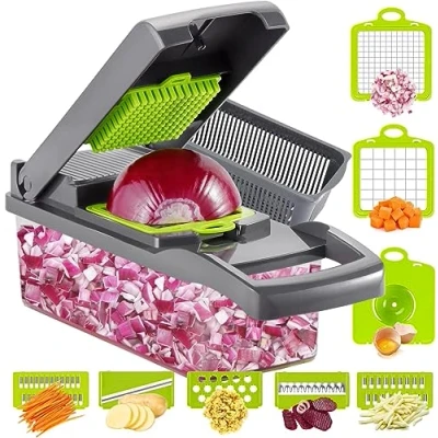 Imagen de Ourokhome cortador de verduras, frutas 12 en 1, mandolina, alimentos con 7 cuchillas acero inoxidable, y ajustable recipiente