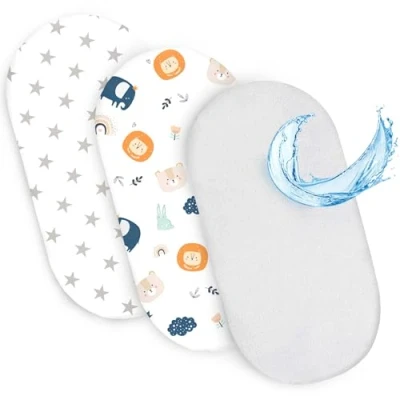 Imagen de sábana Ajustable para Cochecito de niño y moisés Cuna Juego 3: 75 x 35 cm 2X Funda con 1x Protector colchón Impermeable Ajustable. Estrellas Blancas