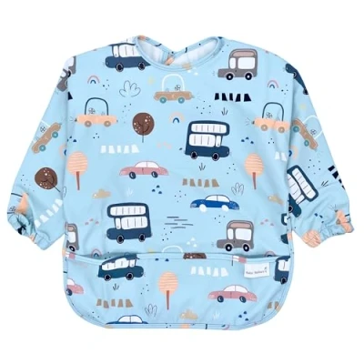 Imagen de Baby Sailors Baberos Bebe Impermeables con Mangas Babero Impermeable 6 meses o Más, Babetes Impermeável Bebe, BLW, Elastico, velcro (Azul Coches)