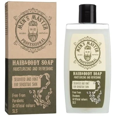 Imagen de Men&#039;s Master Champú Refrescante para Hombre Jabón Líquido Cuerpo y Cabello Sin Parabenos Hidratante Nutritivo Gel de ducha Efecto con Mentol, Aceite Soja 260 ML