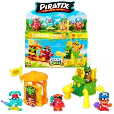 Imagen de PIRATIX ADVENTURE WORLD Serie Crazy Jungle, Captain Pack Louie Incluye 4 Piratix, 1 capitán Dorado, Accesorios neón, Jaula, cañón, 2 Tesoros exclusivos, Banderas neón. 2/6