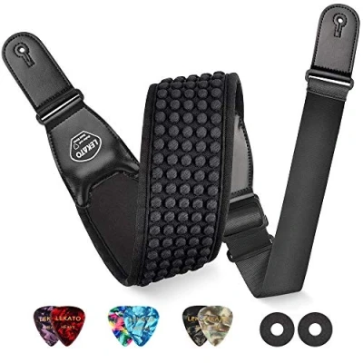 Imagen de Correa de guitarra neopreno acolchada LEKATO con extremos cuero genuino bajo ajustable para guitarras pesadas, bajos, eléctricas acústicas