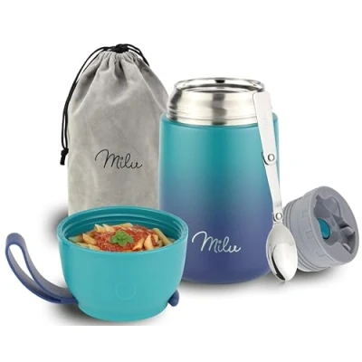 Imagen de Milu Termo para Comida 800 ml Taza Aislada, Botella de Acero Inoxidable Aislada Alimentos, Beber y sopa los niños adultos Térmico (800ml/Verde Azul)