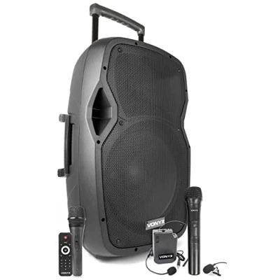 Imagen de Vonyx AP1500PA Altavoz portátil de 15 Pulgadas y 800 W con batería, 3 micrófonos, conexión Bluetooth, USB SD