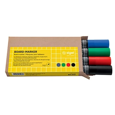 Imagen de SIGEL BA010 Rotulador de pizarra borrado en seco o húmedo negro, azul, rojo, verde punta redonda 2 3 mm 4 und. para pizarras magnéticas vidrio blanco, blancas y rotafolios