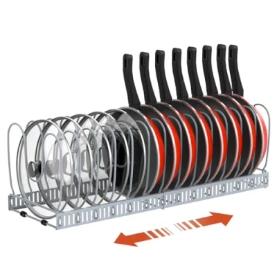 Imagen de Housolution Organizador de Ollas y Sartenes, Extensible Tapas con 14 Compartimentos Ajustable, Soporte Sartenes para Cocina, Gris