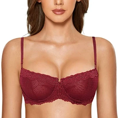 Imagen de DOBREVA Sujetador Balconette Transparente con Aros y Encaje Sexy Sin Forro para Mujer Rojo Oscuro 95B