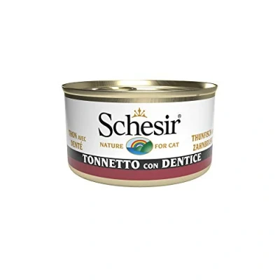 Imagen de Schesir, comida húmeda para gatos adultos, sabor bacoreta con dentón, filetes en gelatina blanda Total 2,04 kg (24 latas x 85 gr) 2040 g