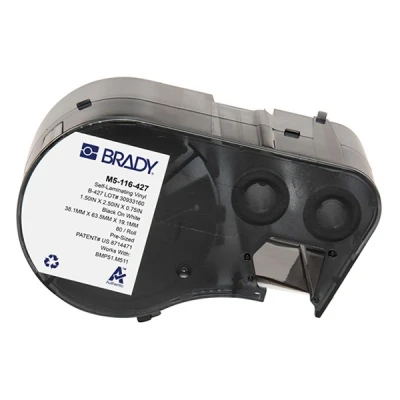 Imagen de Brady Etiquetas de vinilo autolaminado para impresoras BMP51/BMP53/M511 80 adhesivas Negro sobre blanco, transparente (38,10 mm (an) x 63,50 (al)) M5 116 427
