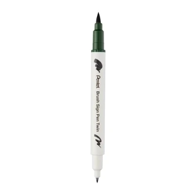 Imagen de Pentel SESW30C T115E Brush Sign Pen Twin Rotulador con dos puntas flexibles, tinta a base de agua, color verde oliva